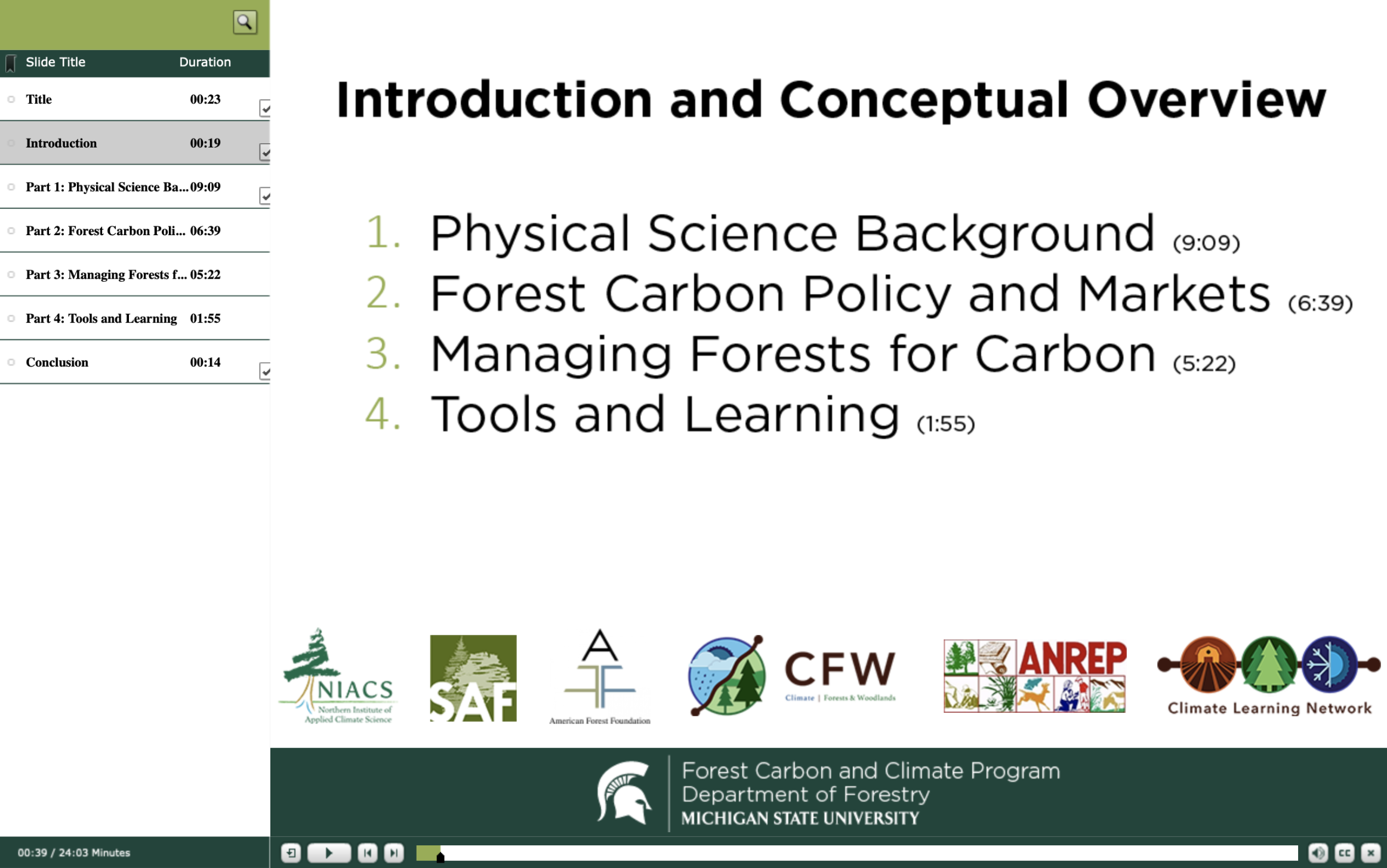 Introduction and Conceptual Overview: 1. Physical Science Background, 2. Forest Carbon Policy and Markets, 3. Managing Forest for Carbon, 4. Tools and Learning